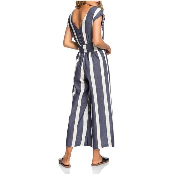 🌻ROXY "Same Old" Blues Striped Wide Leg Jumpsuit With Belt || Size Small - Picture 5 of 11